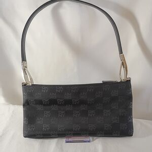 Y2K 2000s Vintage DKNY Black Nylon Mini Monogram Print Shoulder HandBag